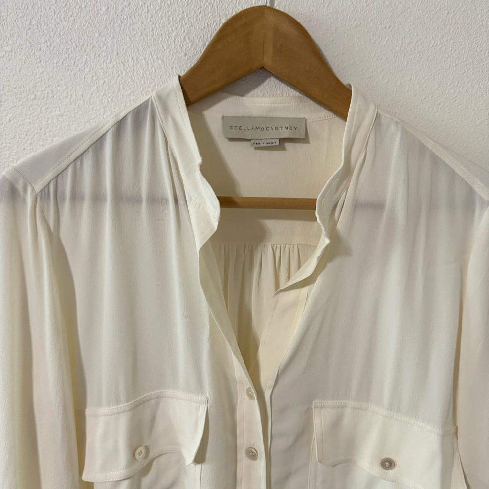 Stella McCartney Estelle Silk Long Sleeve Stand Collar Blouse Cream-40 (US 4-6) - Picture 3 of 12